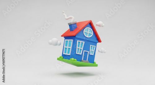 A whimsical cartoon house floats cheerfully, , with a red roof, blue walls, and puffs of smoke from its chimney