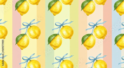 Pastel Rainbow Stripes Lemon Pattern Background Seamless Repeat Design Featuring Yellow Lemons Tied With Light Blue Bows Watercolor Style