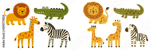 Cute safari animal sticker set featuring a lion, crocodile, giraffe, and zebra for children's nursery decorations or baby shower invitations