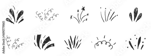 Firework confetti burst comic manga explosion set. Doodle hand drawn line spark party celebration. Radial japan minimal set.