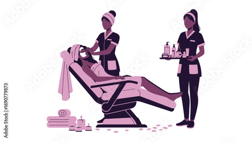 Two professional spa technicians providing a relaxing facial treatment and hair wash to a client in a salon setting