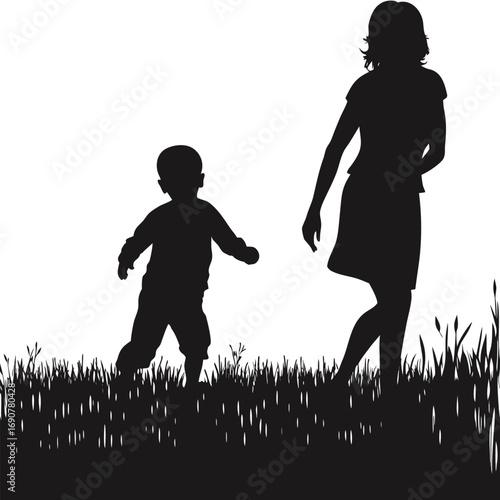 Mother and Child Walking in Grass Silhouette