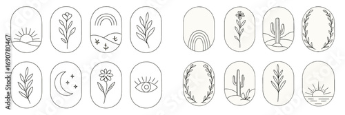 Bohemian line art icon set with minimalist nature symbols like sun, moon, flowers, and cactus for logo design and branding