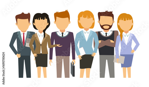 Team of business professionals standing together. Confident office workers with determination and success mindset. Group of corporate people. Vector illustration