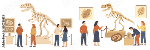 People visiting a natural history museum with dinosaur skeletons and ancient fossils on display for an educational exhibition
