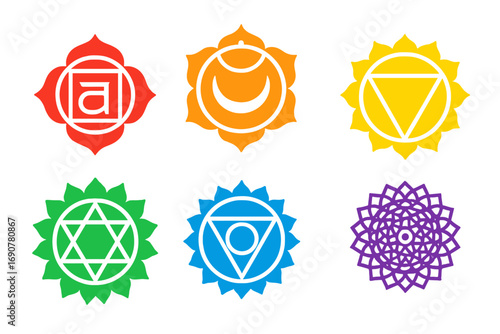 Colorful set of six main chakra symbols for meditation and spiritual practice isolated on a white background