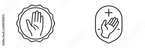 Set of line icons for antibacterial protection and quality guarantee seal with hand symbol for hygiene and safety certification