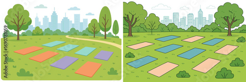 Colorful yoga mats laid out on the grass for an outdoor group fitness or meditation session in a sunny city park landscape