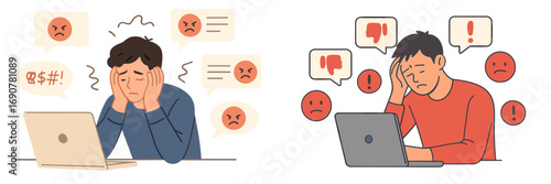Stressed man at laptop dealing with cyberbullying and online harassment with negative comments and dislike icons