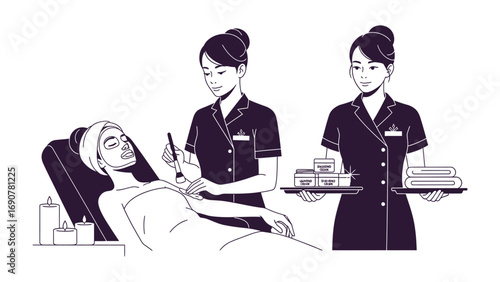 Two professional beauticians in uniform attending to a client receiving a facial treatment in a serene spa setting