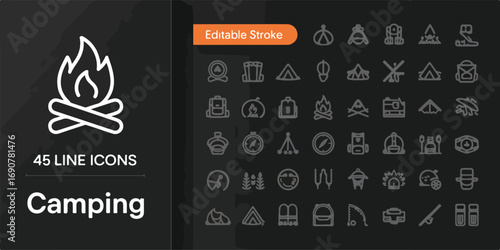 A comprehensive vector illustration set of camping and outdoor adventure icons, including a tent, backpack, compass, campfire, and lantern, all in a stylized, modern design.