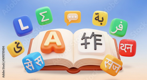 Open book surrounded by colorful cubes featuring letters from various languages, illustrating multilingual education and cultural diversity against a blue sky