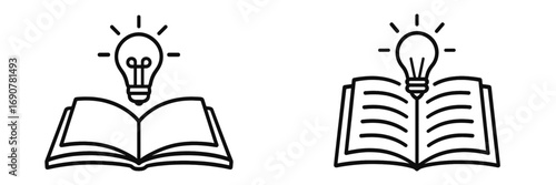 Open book with light bulb icon set for knowledge, learning, and creative ideas, minimalist line art symbol for education and innovation