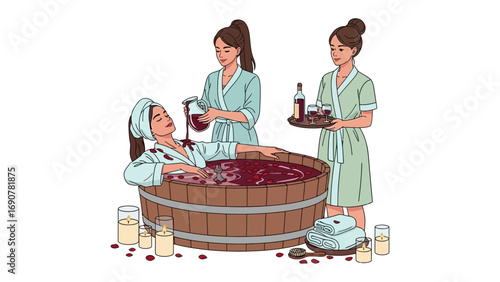 Woman enjoying a luxurious wine bath spa treatment with attendants pouring wine and offering bottles for ultimate relaxation and rejuvenation