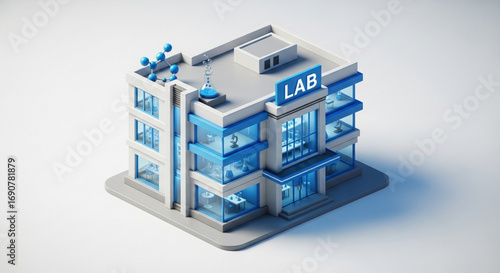 Isometric laboratory building, a modern research facility with blue accents and scientific equipment on the roof