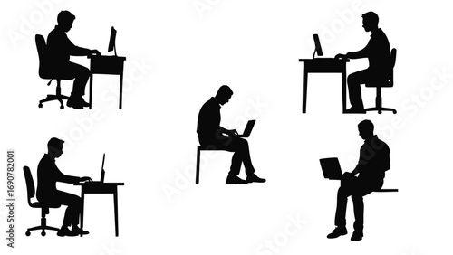 Vector silhouettes of men working on computers and laptops in office and home