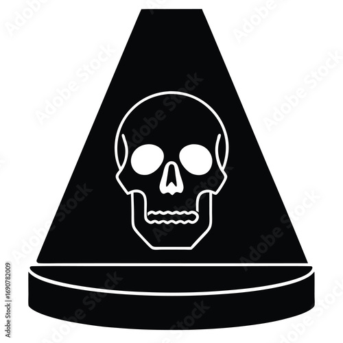 “Extreme close-up of a striking yellow skull placed on a sleek podium, its glossy surface catching and reflecting numerous bright lights from multiple angles. The reflections scatter across the skull 