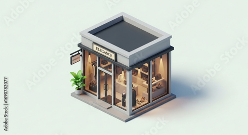 Isometric view of a tailor shop, showcasing fashion and craftsmanship in a compact and stylish design
