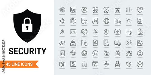 A comprehensive vector illustration set of security icons. Features symbols for cybersecurity, data protection, encryption, insurance, and passwords, ensuring a wide range of security concepts are cov