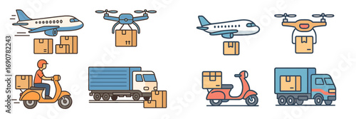 Delivery and logistics icon set with airplane, drone, truck, and scooter for shipping and transportation concepts