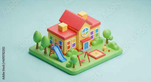 Isometric house with playground, a charming 3d rendering of a classic family home, perfect for children