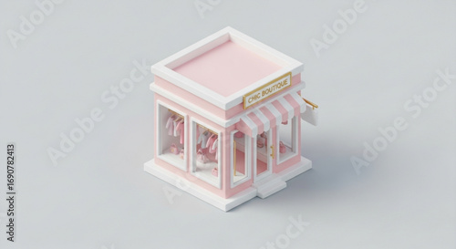 Isometric view of a charming pink doll store with striped awning, showcasing miniature dresses and accessories