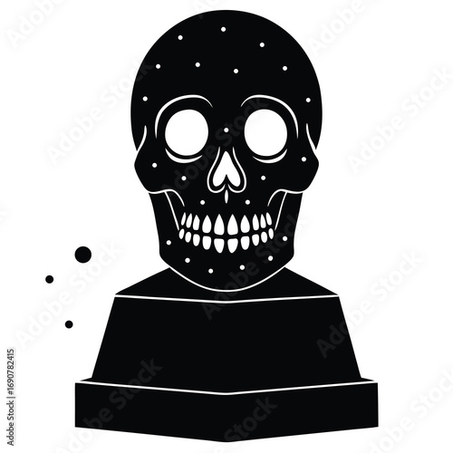 “Extreme close-up of a striking yellow skull placed on a sleek podium, its glossy surface catching and reflecting numerous bright lights from multiple angles. The reflections scatter across the skull 