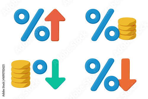 3D percentage sign icon set with up and down arrows and coins for finance, interest rate, and business concepts