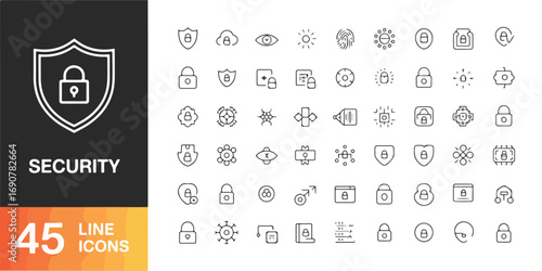 A comprehensive vector illustration set of security icons. Features symbols for cybersecurity, data protection, encryption, insurance, and passwords, ensuring a wide range of security concepts are cov