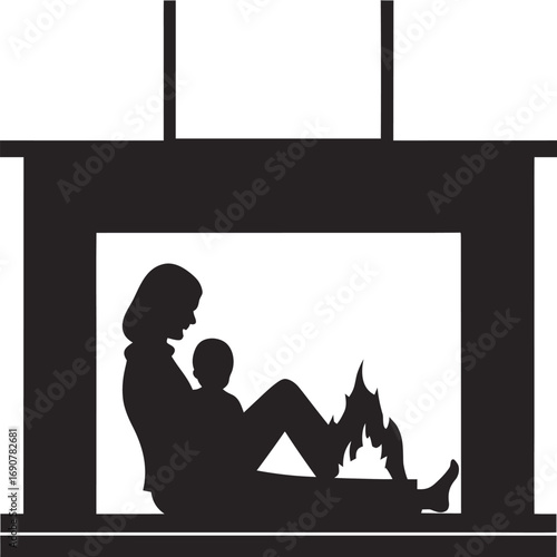 Mother and Child by Fireplace