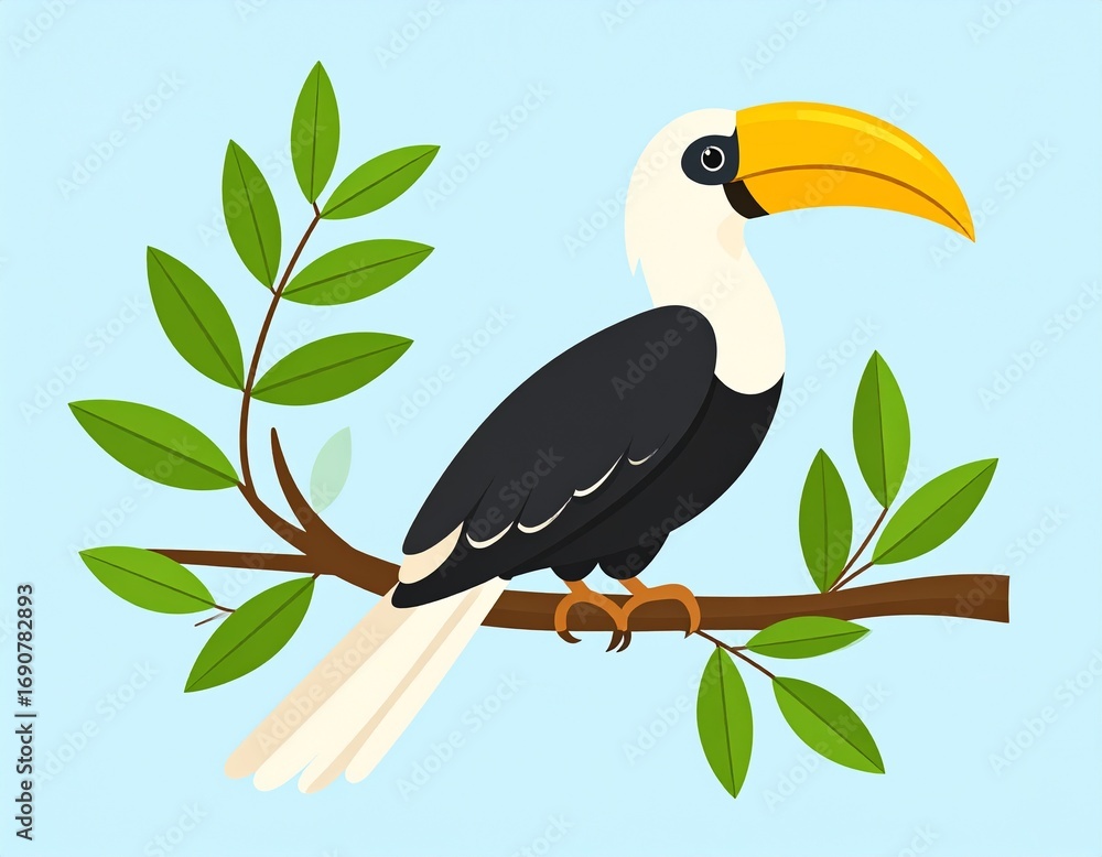 Obraz premium Cartoon illustration of a hornbill bird with a large yellow beak perched on a leafy green branch against a light blue background.