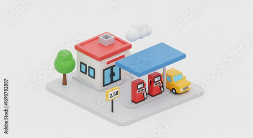 Isometric gas station with car and tree, a miniature building for refueling vehicles
