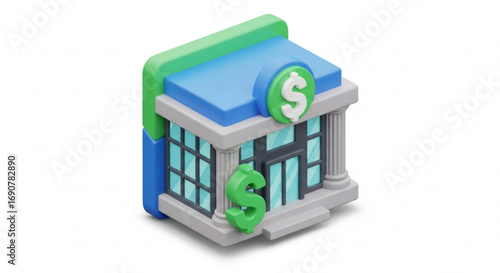 Isometric bank building with green dollar sign, a miniature financial institution