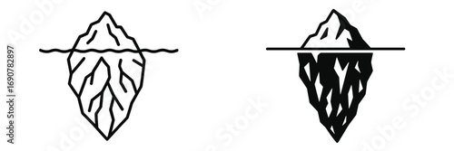 Line art and solid silhouette iceberg icons representing the psychological model of visible and hidden parts of a problem
