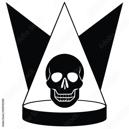 “Extreme close-up of a striking yellow skull placed on a sleek podium, its glossy surface catching and reflecting numerous bright lights from multiple angles. The reflections scatter across the skull 