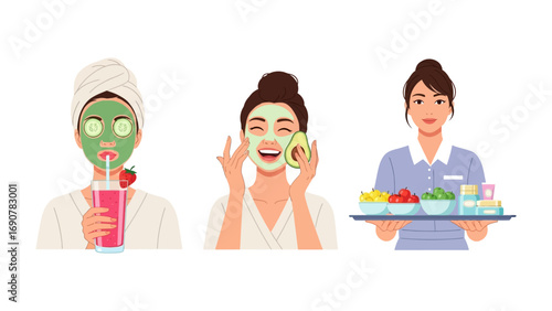 Three women enjoying a spa day with facial masks cucumber slices and refreshing drinks one woman serving beauty products on a tray
