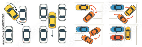 Instructional guide showing various car parking maneuvers including parallel and perpendicular parking from a top down aerial view