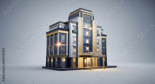 Elegant 3d rendering of a luxurious hotel with sophisticated design, grand entrance, and warm lighting, perfect for a memorable stay and experience