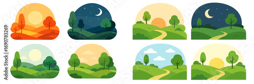Set of minimalist landscape icons showing different times of day and seasons like spring, summer, and autumn with rolling hills, trees, sun, and moon