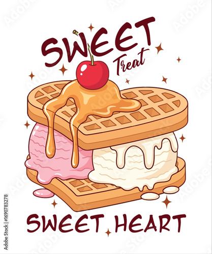 Sweet Heart Waffle Ice Cream Illustration Cute Dessert Food Graphic for T Shirt and Merch Design