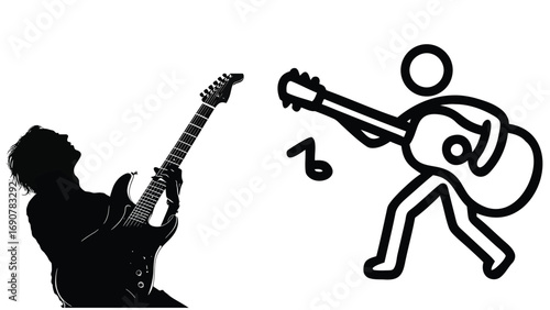 Vector illustration of a guitarist playing electric guitar with music symbol design