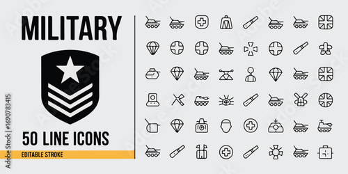 A highly detailed vector illustration icon set showcasing military equipment, tools, and aids. Designed for clear and concise visual communication, this collection is ideal for a variety of projects. 