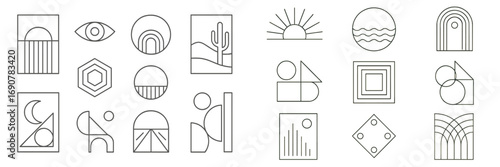 Collection of minimalist geometric line art icons and abstract symbols for modern branding, logo design, or esoteric and bohemian projects