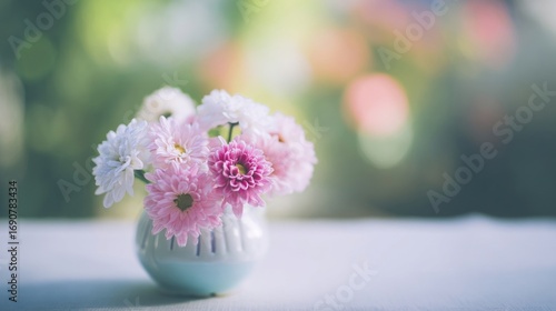 Wallpaper Mural A delicate arrangement of pink and white flowers with green centers in a light ceramic pot, Torontodigital.ca