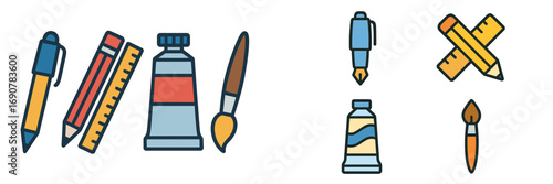 Collection of colorful line art icons representing art and writing supplies like pens, pencils, rulers, and paintbrushes for creative projects
