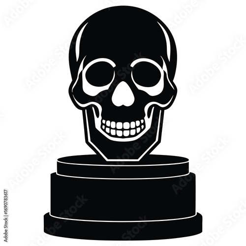 “Extreme close-up of a striking yellow skull placed on a sleek podium, its glossy surface catching and reflecting numerous bright lights from multiple angles. The reflections scatter across the skull 