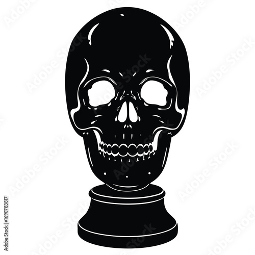 “Extreme close-up of a striking yellow skull placed on a sleek podium, its glossy surface catching and reflecting numerous bright lights from multiple angles. The reflections scatter across the skull 