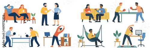 Set of office workers taking a break, relaxing on a sofa, playing table tennis, and exercising at the workplace for wellness and work-life balance