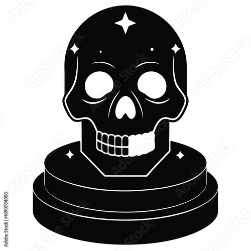 “Extreme close-up of a striking yellow skull placed on a sleek podium, its glossy surface catching and reflecting numerous bright lights from multiple angles. The reflections scatter across the skull 