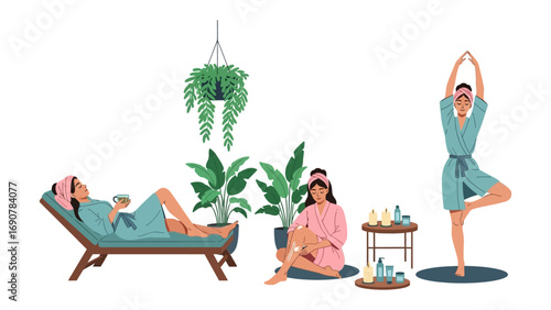 Relaxing women in spa robes enjoying wellness activities like yoga and lounging with plants and serene ambiance indoors